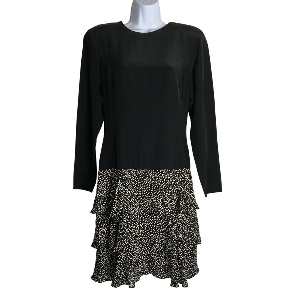 Vintage Ann Taylor Silk Drop Waist Mini Dress Polka Dot Ruffle Skirt Black